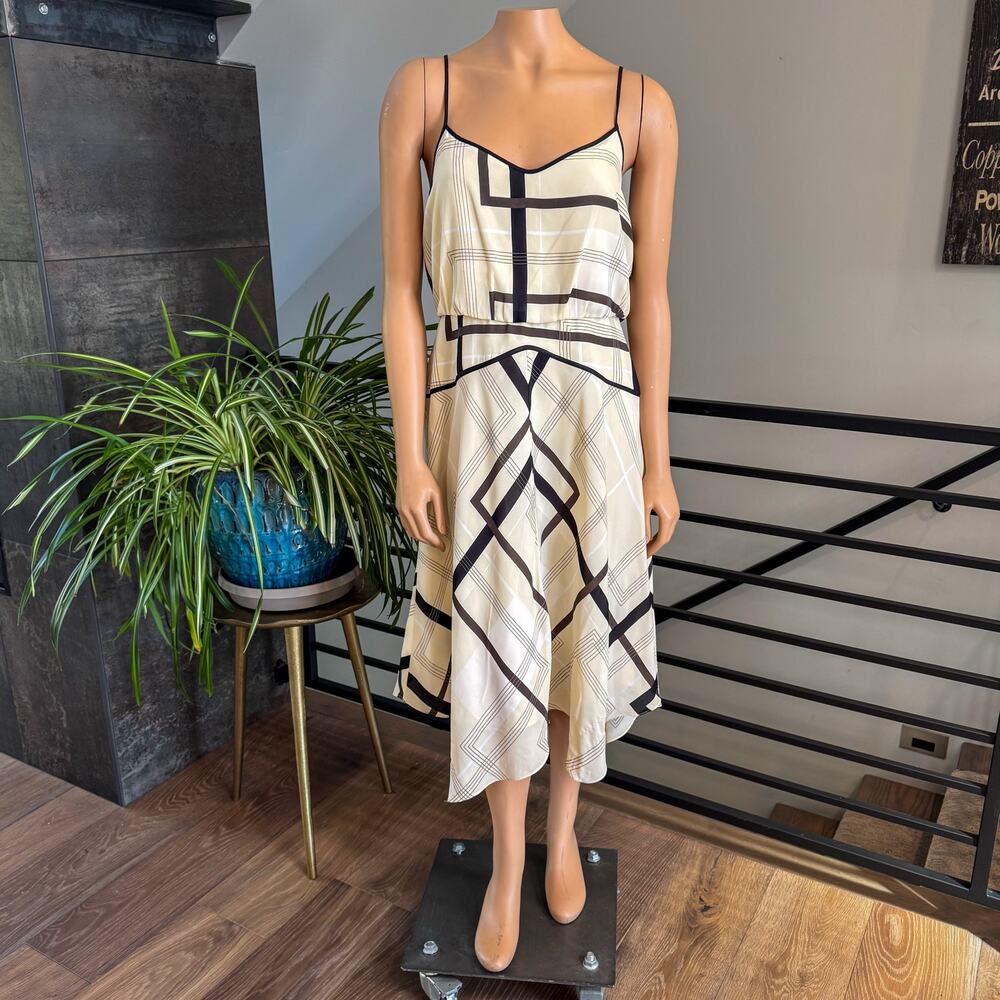 Banana Republic Windowpane Plaid Vee Midi Dress Geometric Cream Black - Size 10